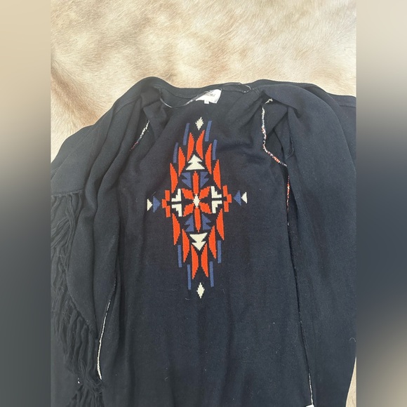 Miss Me Long Cardigan Medium Aztec Aspen Lodge Tribal Open Front Fringe Western - Picture 7 of 8